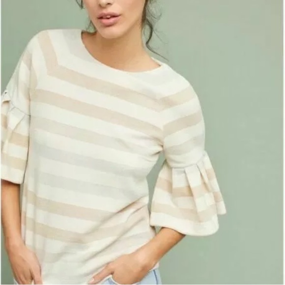 Anthro Maeve Metallic Shimmer Stripe Ruffle Bell Sleeve Blouse Top - Picture 2 of 9